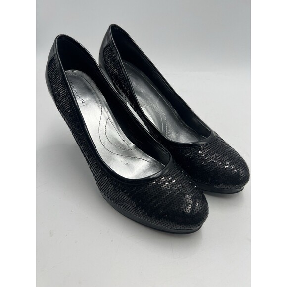Tahari Black Sequin Round Toe Leather Pumps Heel Formal Black Tie Party Sz 8.5 M - Picture 2 of 11